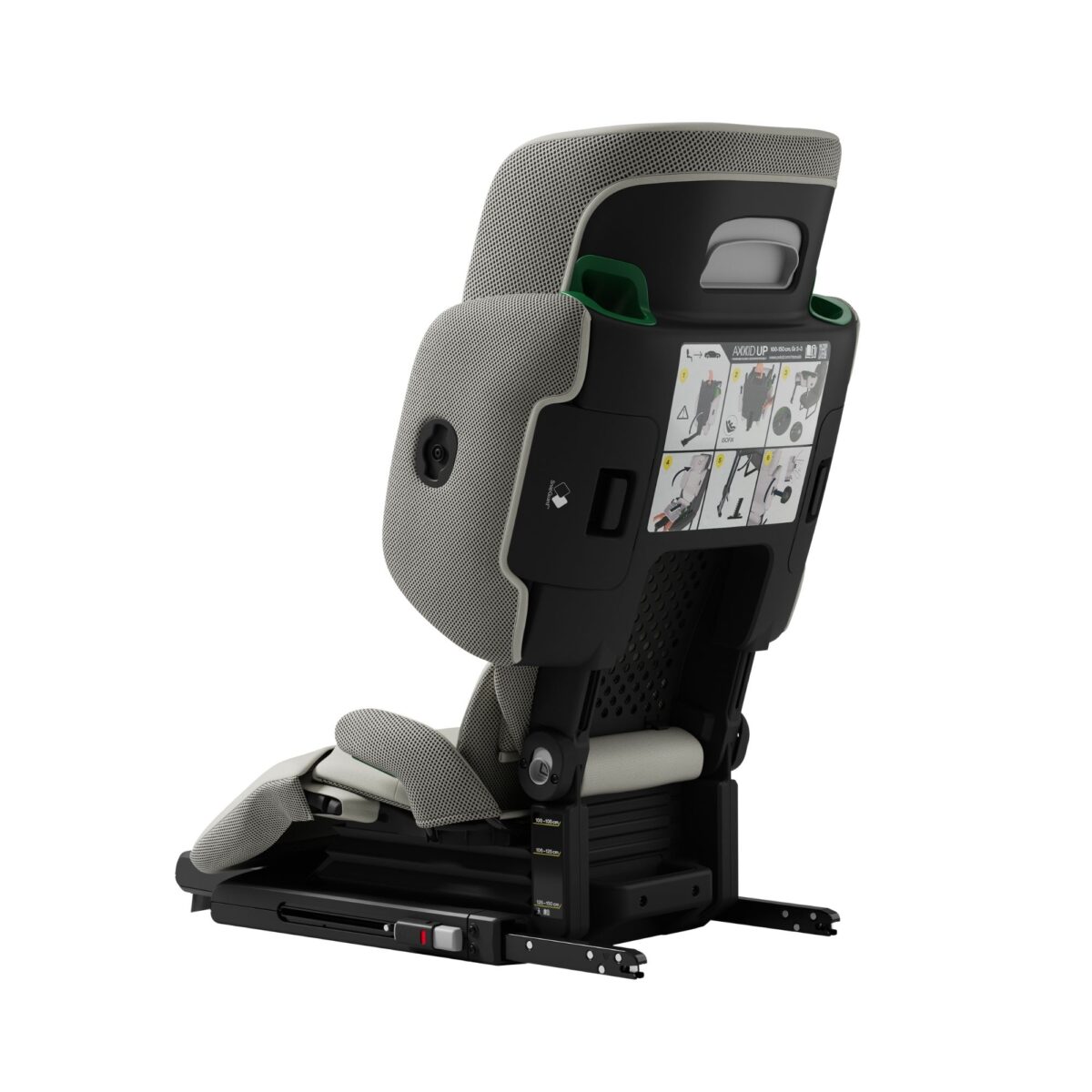 Rear angle of beige Axkid Up booster with visual instructions and secure Isofix connectors.