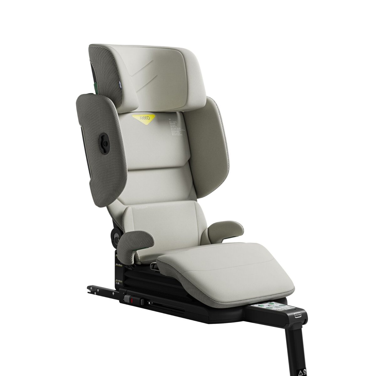 Side view of Axkid Up booster seat in beige showing reclining backrest and plush cushioning.