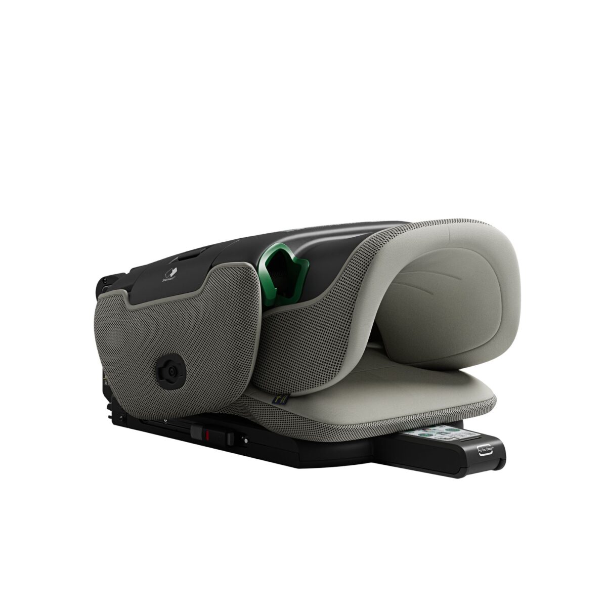 Folded Axkid Up booster seat in Beachgrass Beige showing compact storage-ready form.