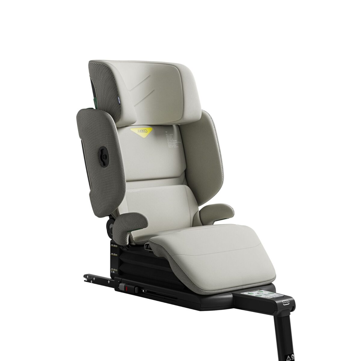 Angled image of Axkid Up beige booster seat featuring supportive side wings and soft fabric.