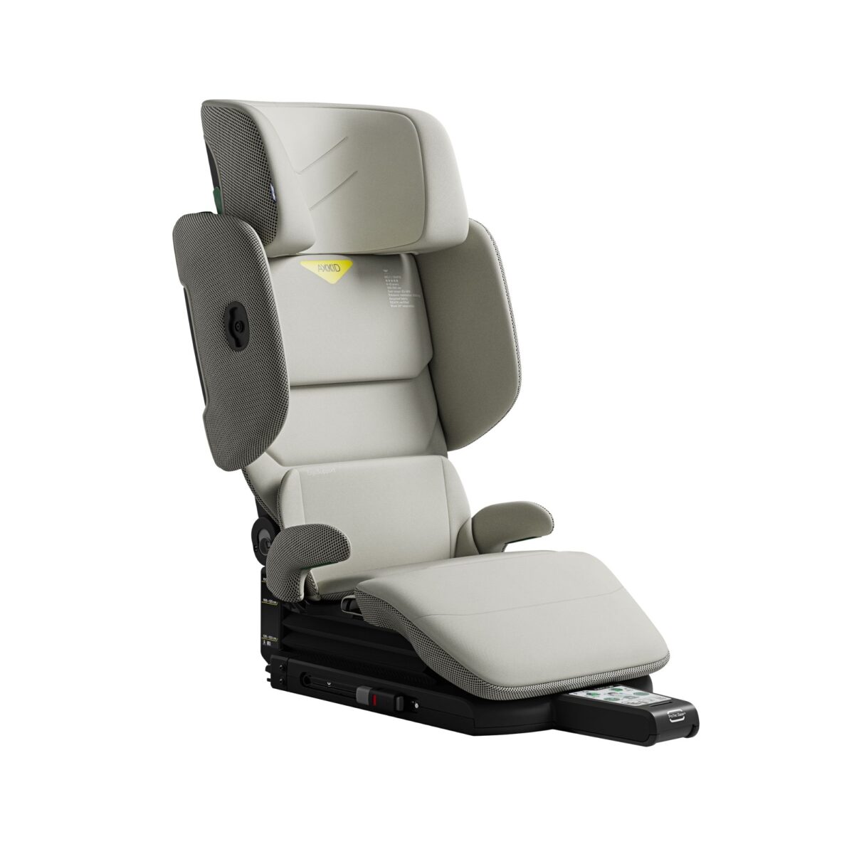 Axkid Up high back booster car seat in Beachgrass Beige with compact, reclining design.