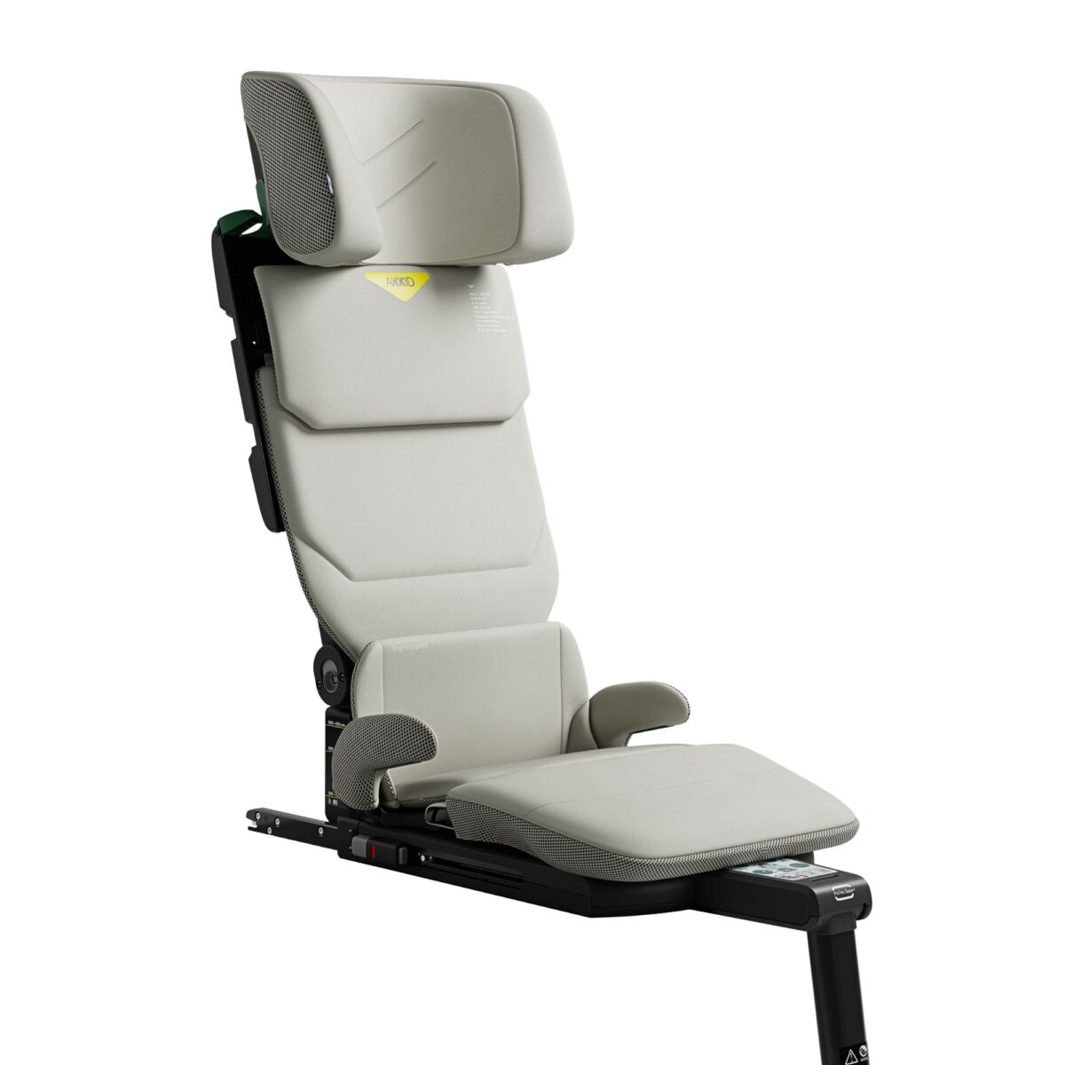 Axkid Up booster seat in beige reclined for comfort, with premium padding and safety labels.