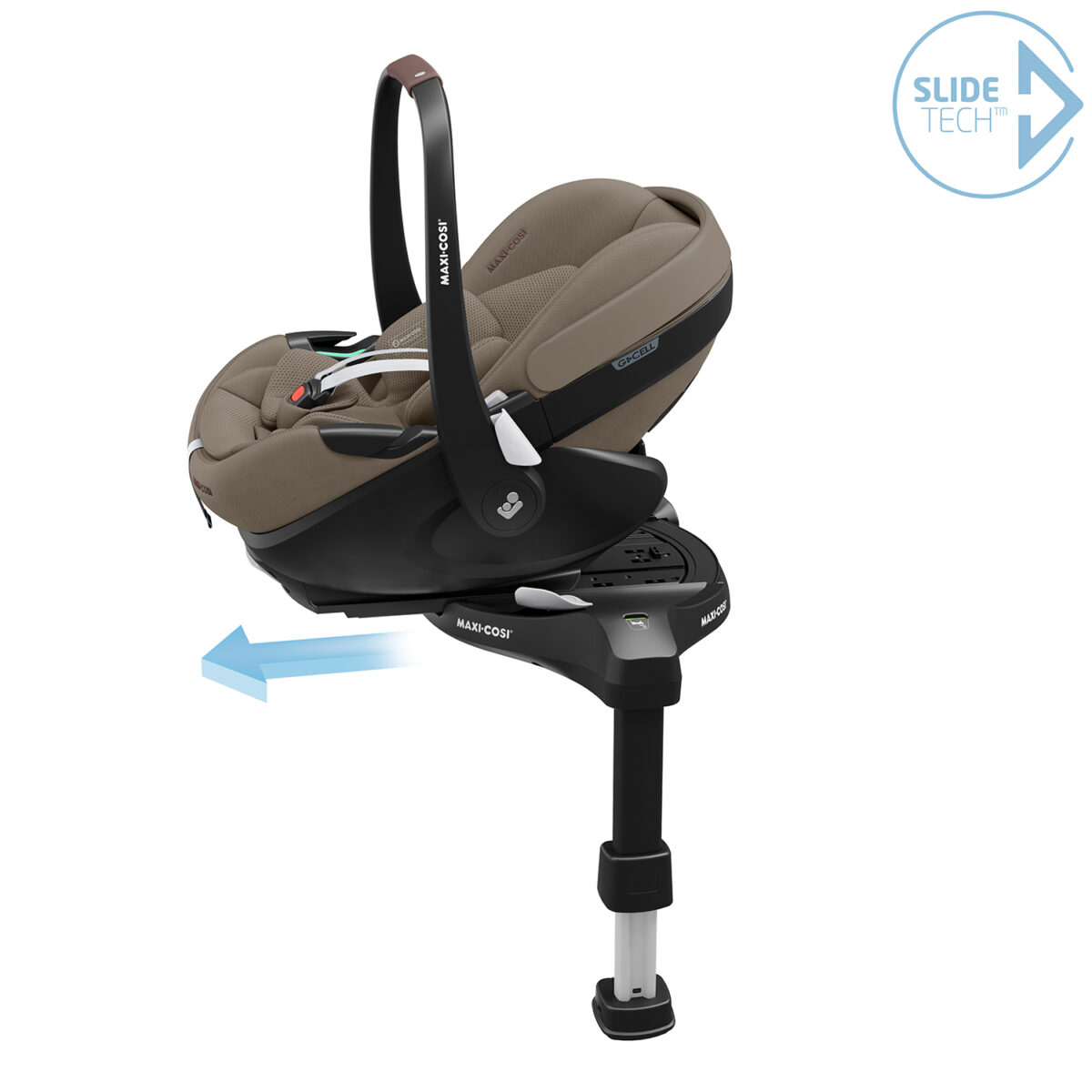Maxi-Cosi Pebble 360 Pro2 baby car seat with SlideTech base for easy in-and-out car access.