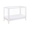 Side view of a white cot bed with acrylic slats and gold legs, against a white background.