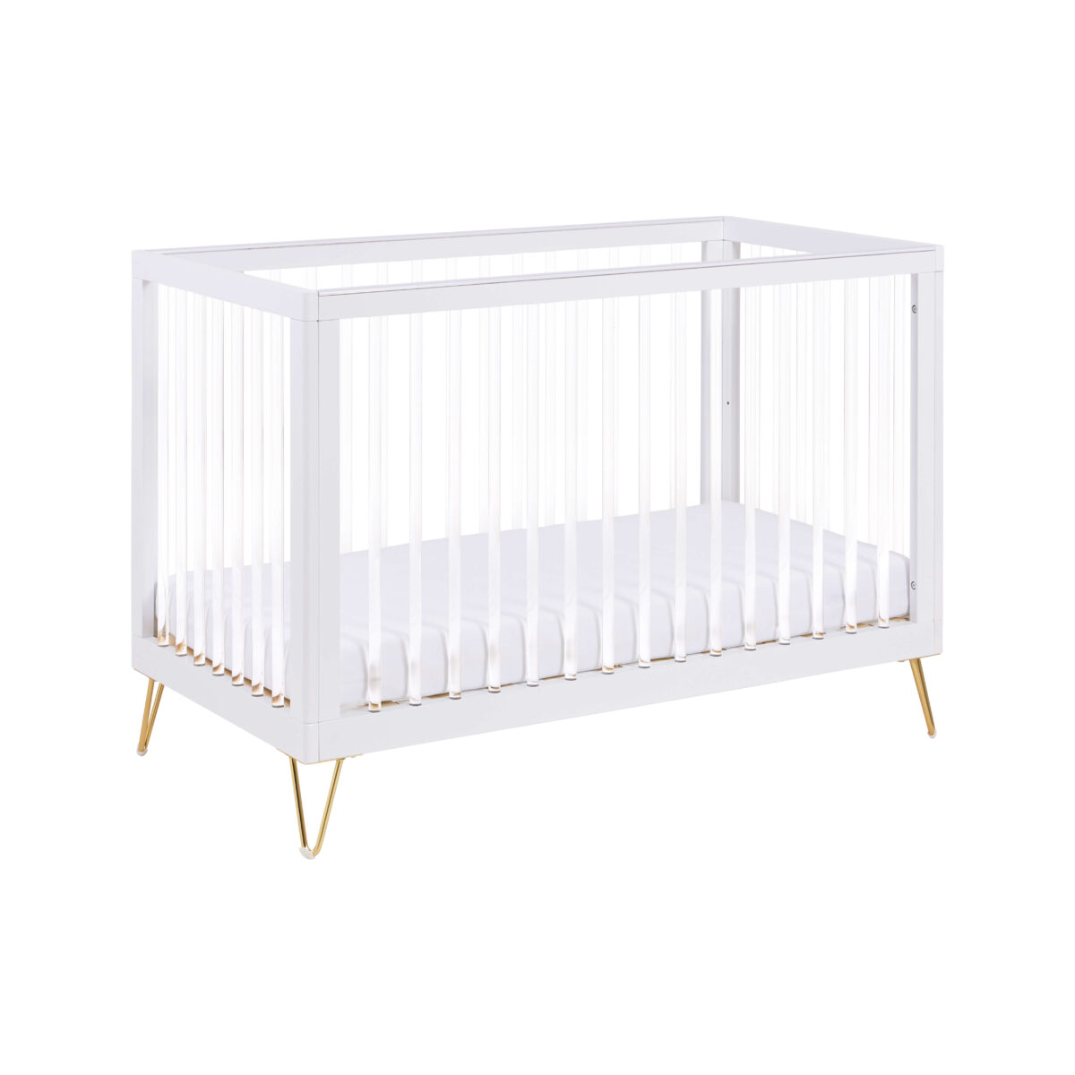 Side view of a white cot bed with acrylic slats and gold legs, against a white background.