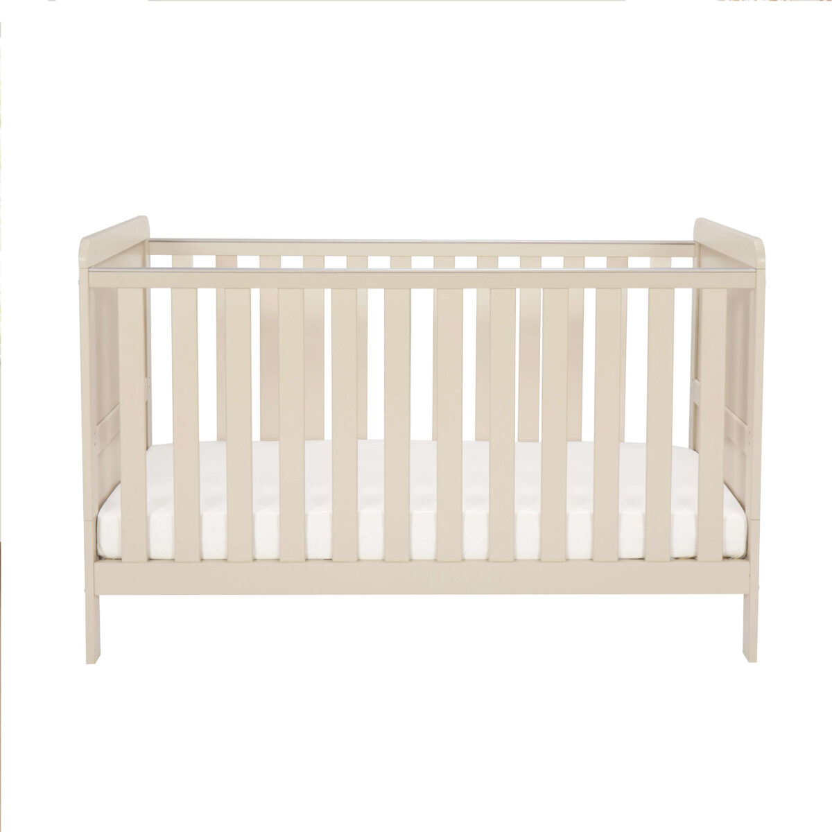 Front-facing view of cot bed in cashmere with white mattress against white background.