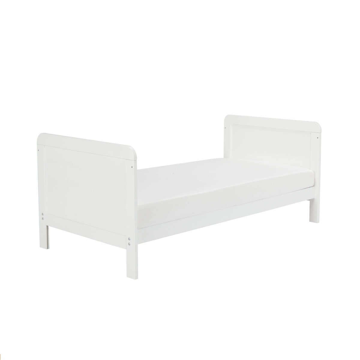 White toddler bed with low profile and smooth finish shown at an angle.