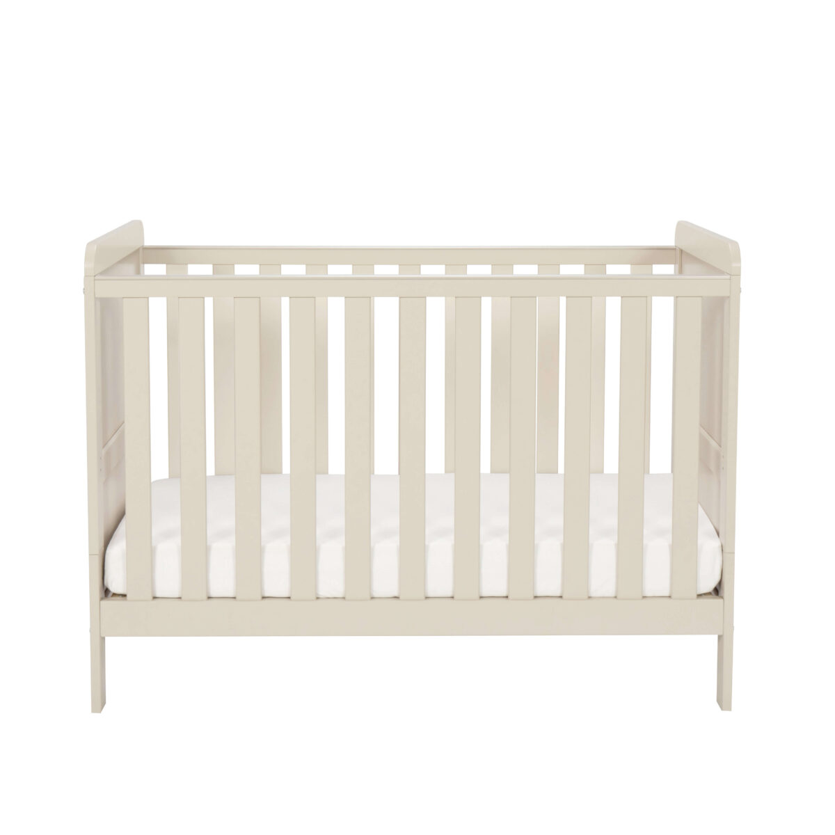 Front view of cashmere mini cot bed with white mattress against plain background.