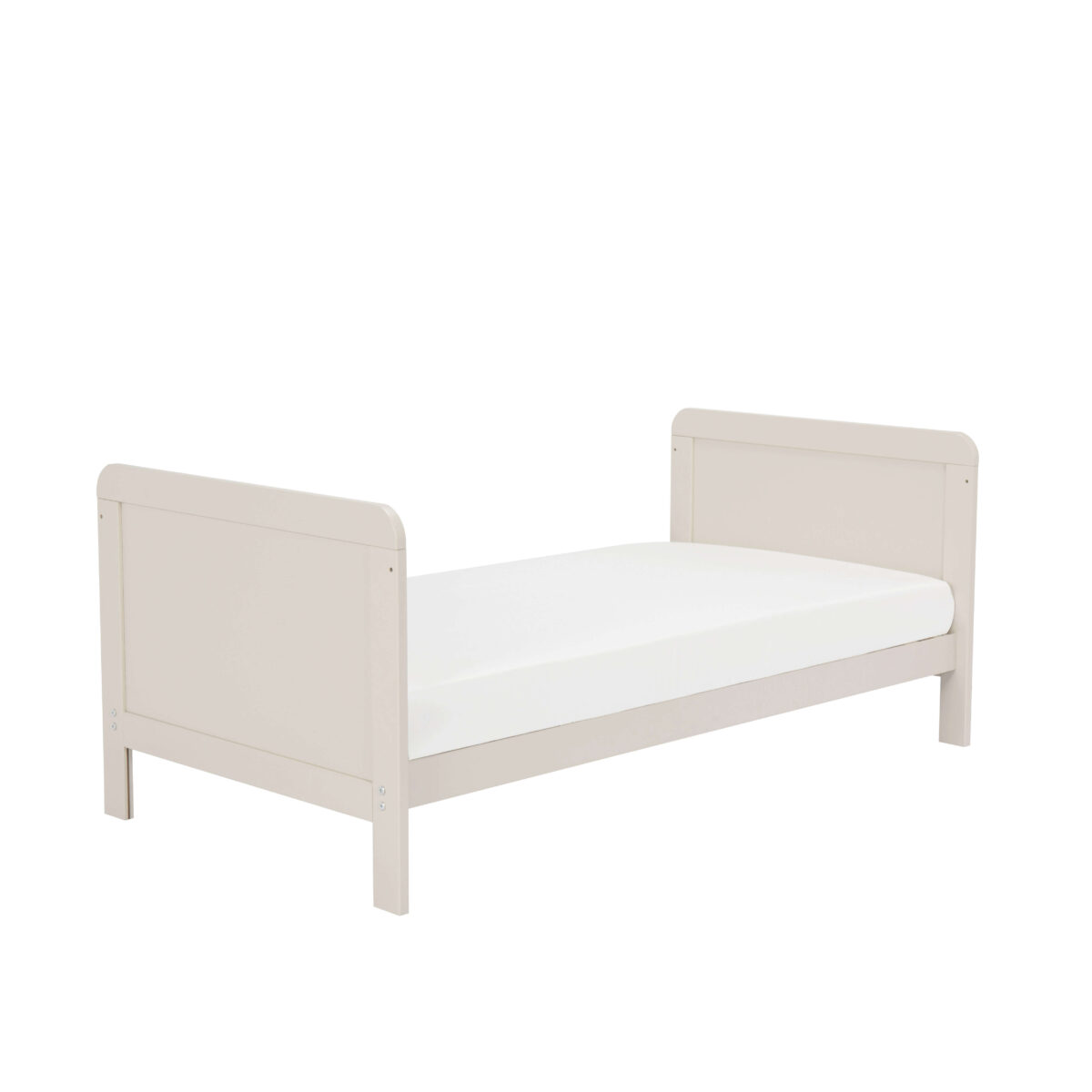 Cashmere toddler bed with side and end panels, shown from corner angle.