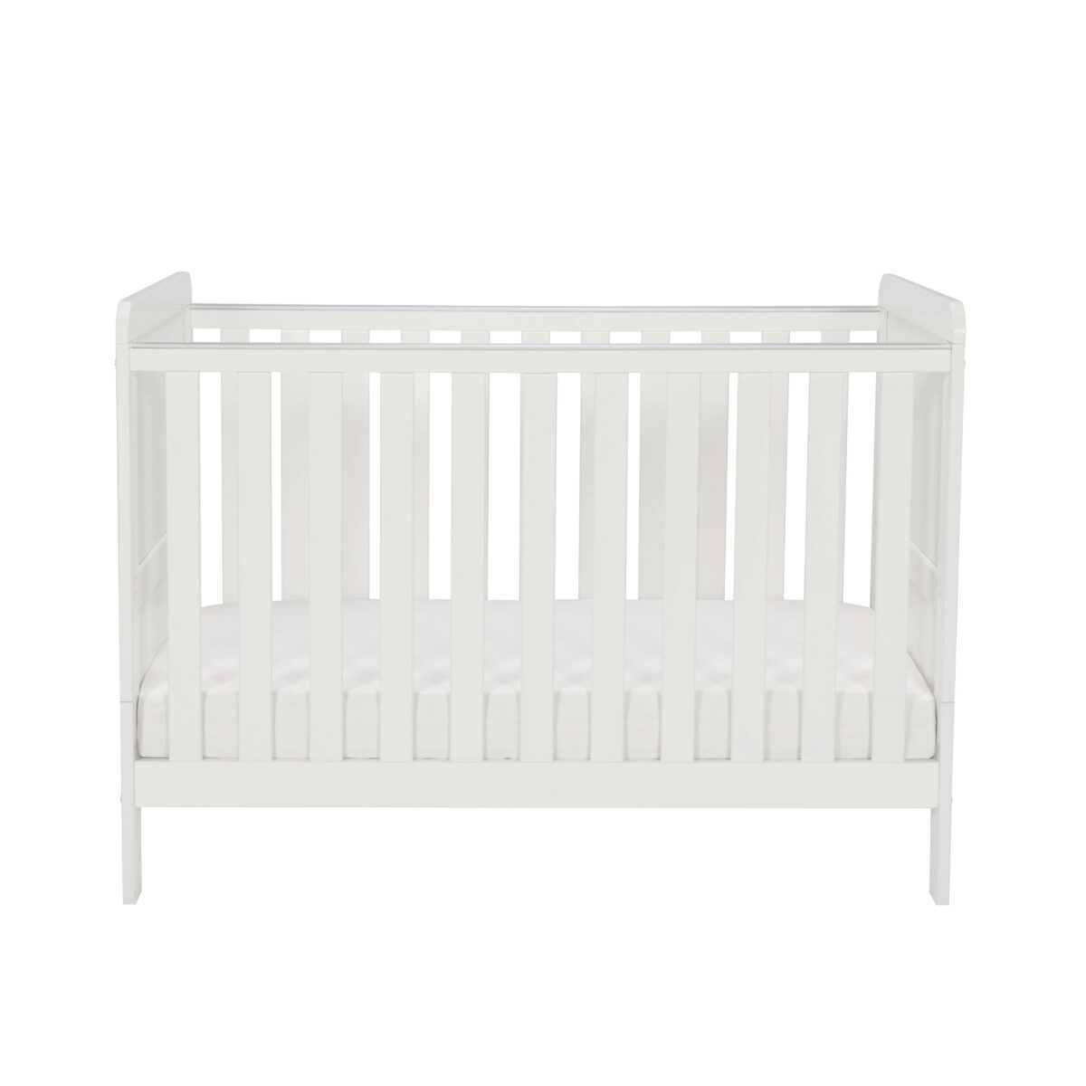 White mini cot bed against plain background, shown front-facing.