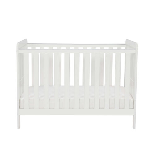 White mini cot bed against plain background, shown front-facing.