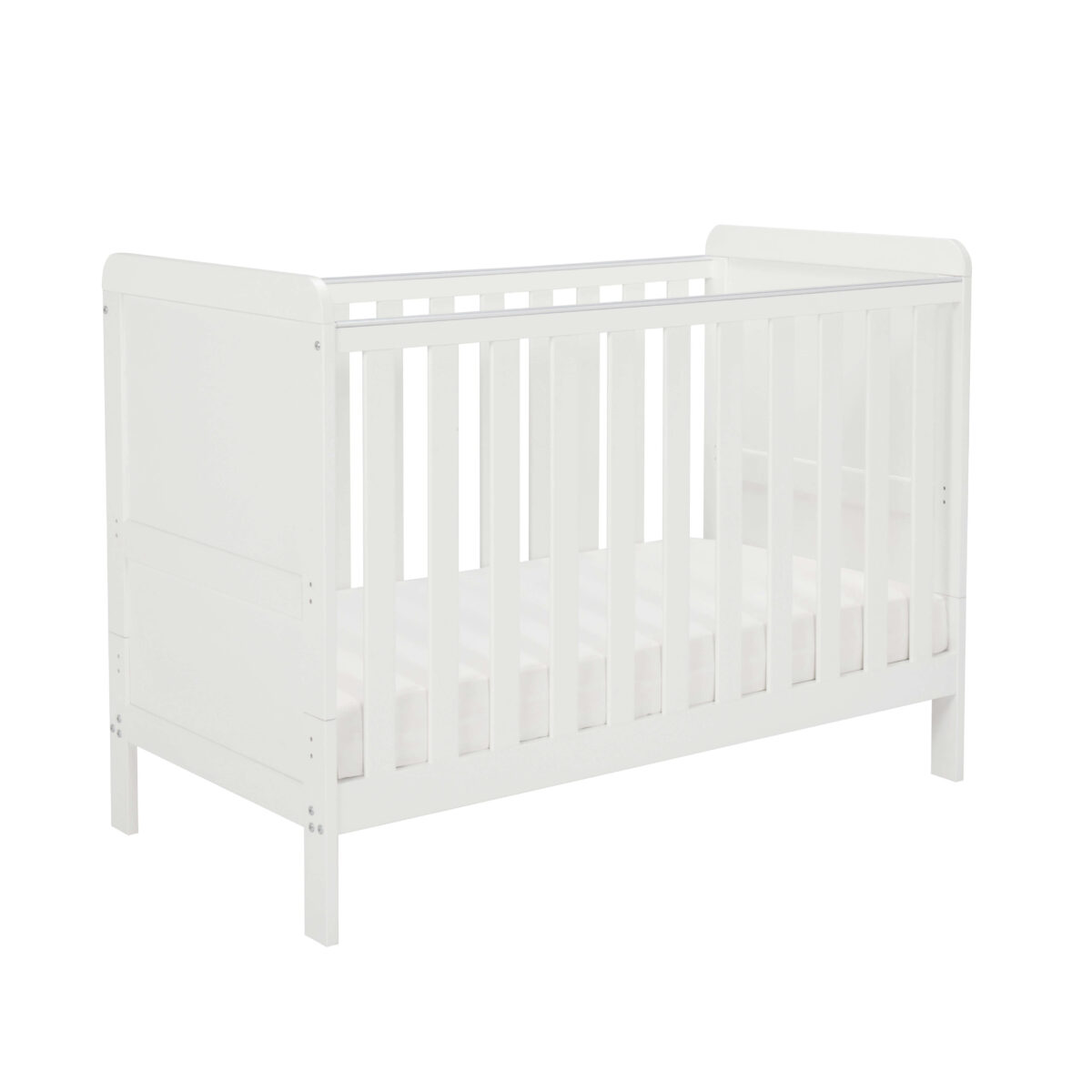 Angled view of white cot bed with slatted sides and mattress.