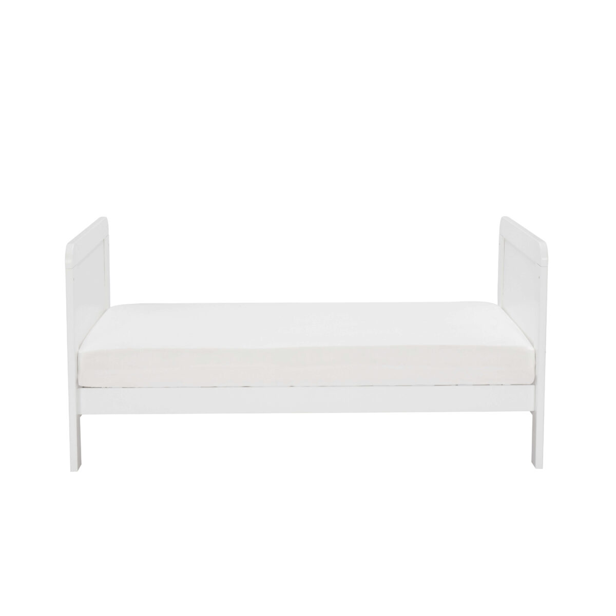 Side view of cot bed in toddler bed mode with clean lines and low profile.