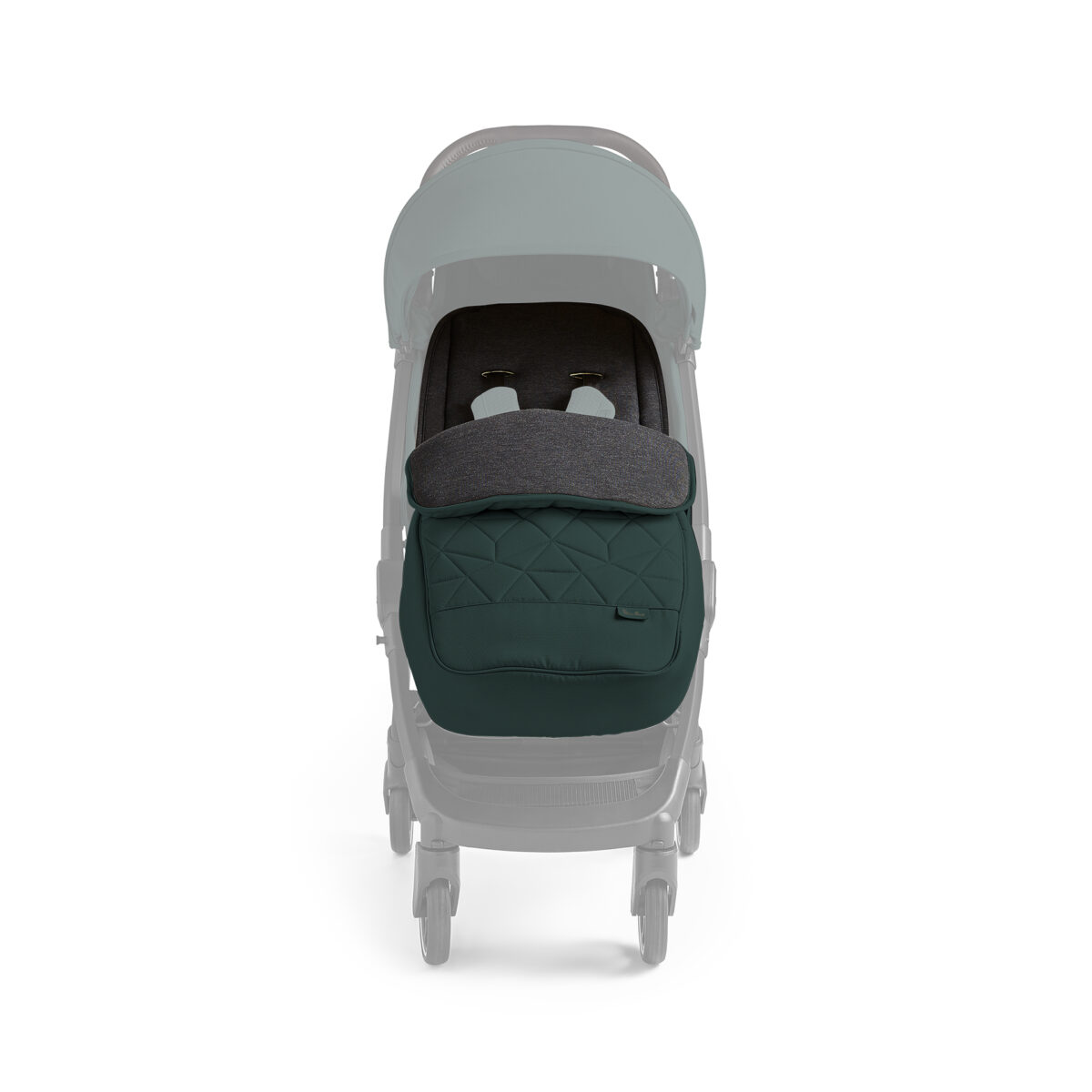 Silver Cross Clic 2 Footmuff configured on pushchair in conifer (Forest Green) Front view