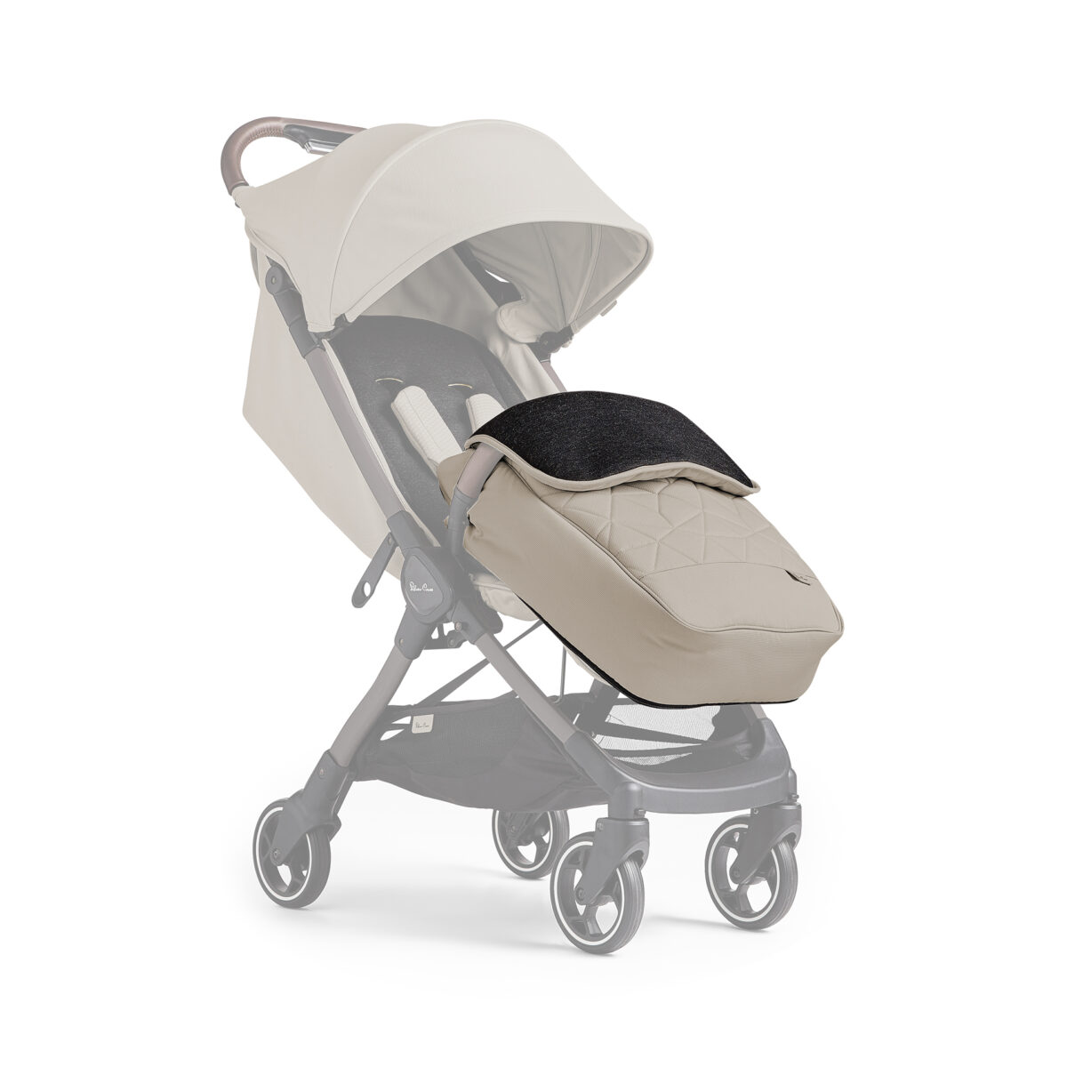 Silver Cross Clic 2 Footmuff configured on pushchair in Latte Side view