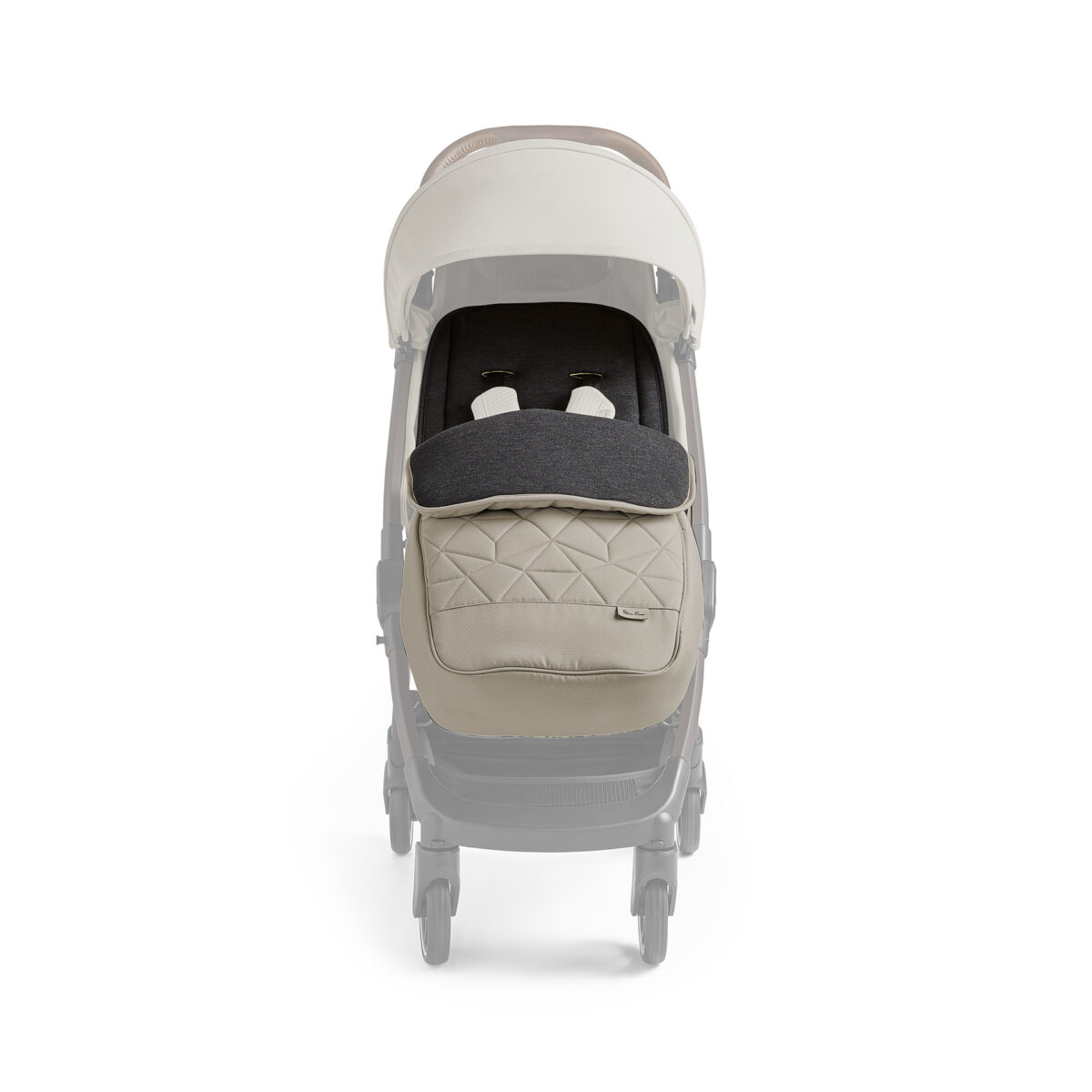 Silver Cross Clic 2 Footmuff configured on pushchair in Latte fornt view