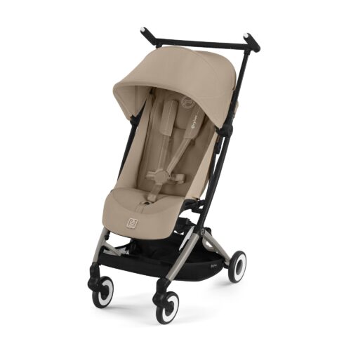 Cybex Libelle stroller in Almond Beige shown angled with sun canopy, five-point harness, and lightweight frame.