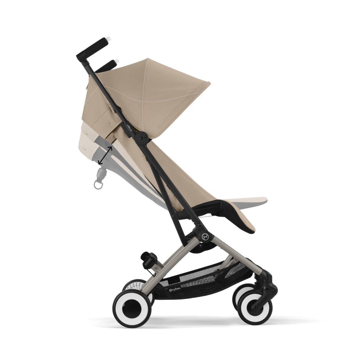 Cybex Libelle Almond Beige stroller showing recline mechanism with sleek frame and extended sun canopy.
