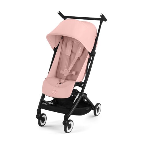 Cybex Libelle stroller in Candy Pink shown angled with sun canopy, safety harness, and compact lightweight frame.
