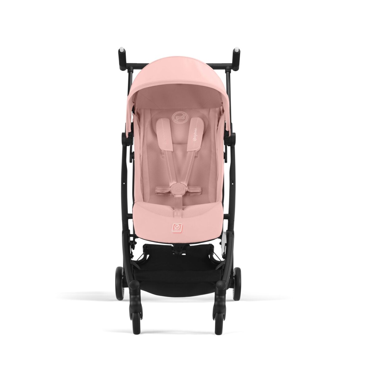 Front view of Cybex Libelle stroller in Candy Pink featuring padded seat, five-point harness, and modern styling.