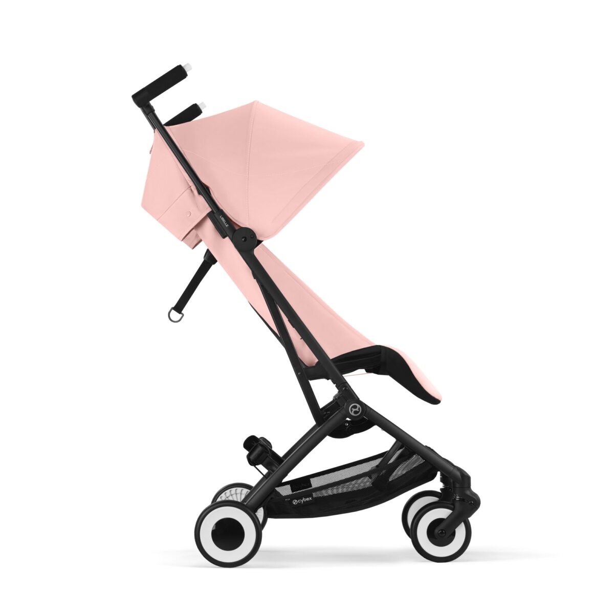 Side view of Cybex Libelle Compact Stroller in Candy Pink with extended canopy and reclined seating.
