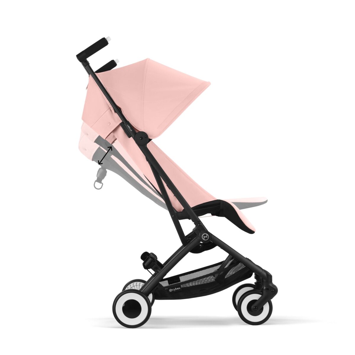Cybex Libelle Candy Pink stroller showing recline adjustment with sleek frame and sun canopy extended.