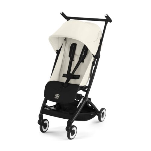 Cybex Libelle stroller in Canvas White shown angled with sun canopy, five-point harness, and compact frame.
