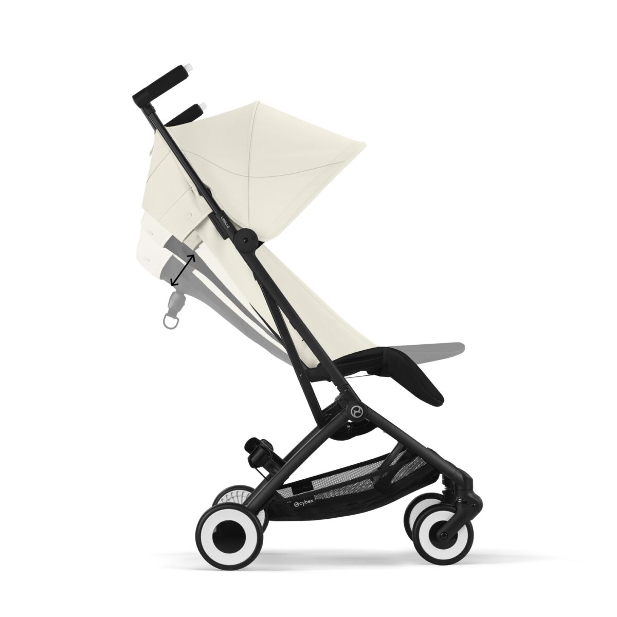 Side profile of Cybex Libelle stroller in Canvas White in upright position with smooth wheels and storage basket.