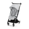 Cybex Libelle stroller in Fog Grey shown angled with sun canopy, five-point harness, and compact frame.