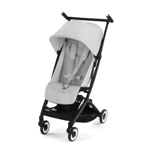 Cybex Libelle stroller in Fog Grey shown angled with sun canopy, five-point harness, and compact frame.