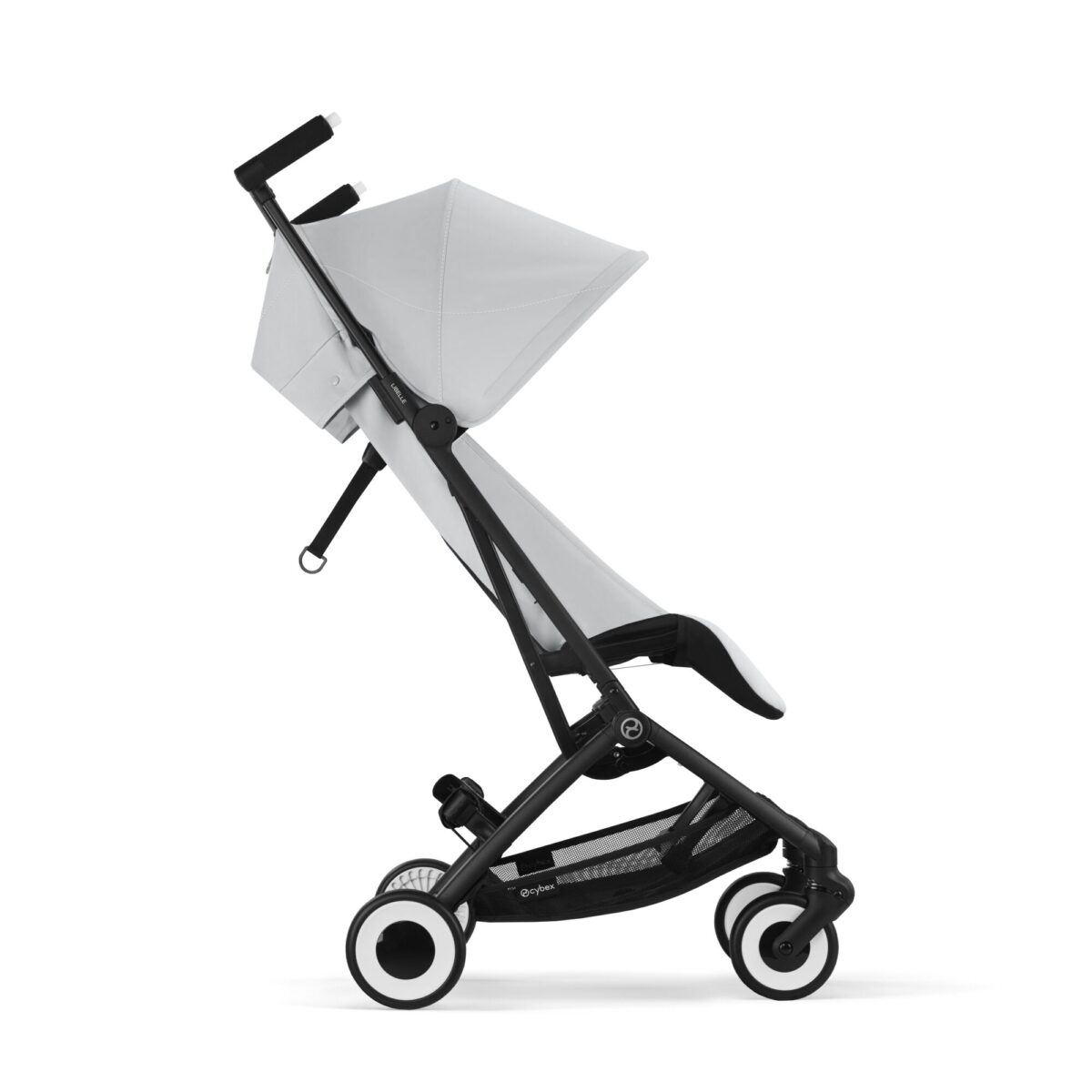 Cybex Libelle Fog Grey stroller showing recline adjustment system with canopy extended and slim profile.