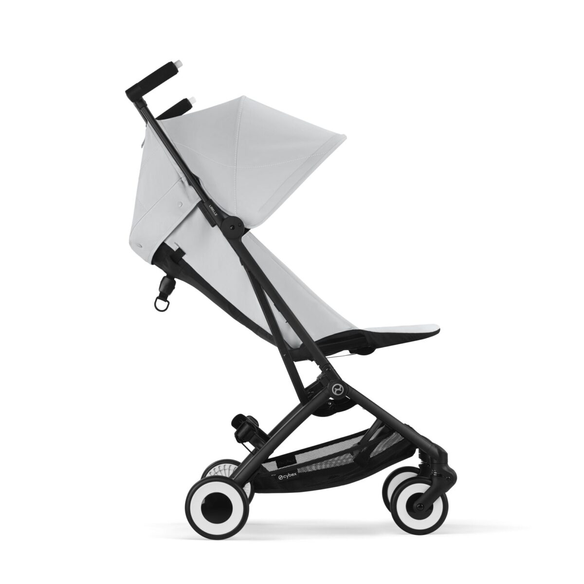 Side profile of Cybex Libelle stroller in Fog Grey in upright position with smooth wheels and mesh basket.