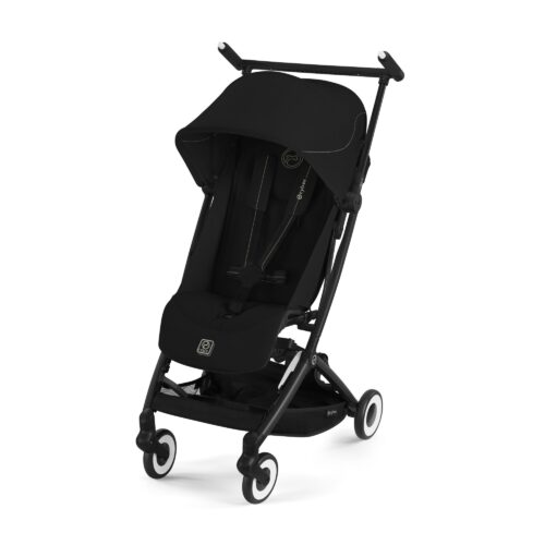 Cybex Libelle Magic Black stroller angled view showing canopy, harness, and sleek frame design.