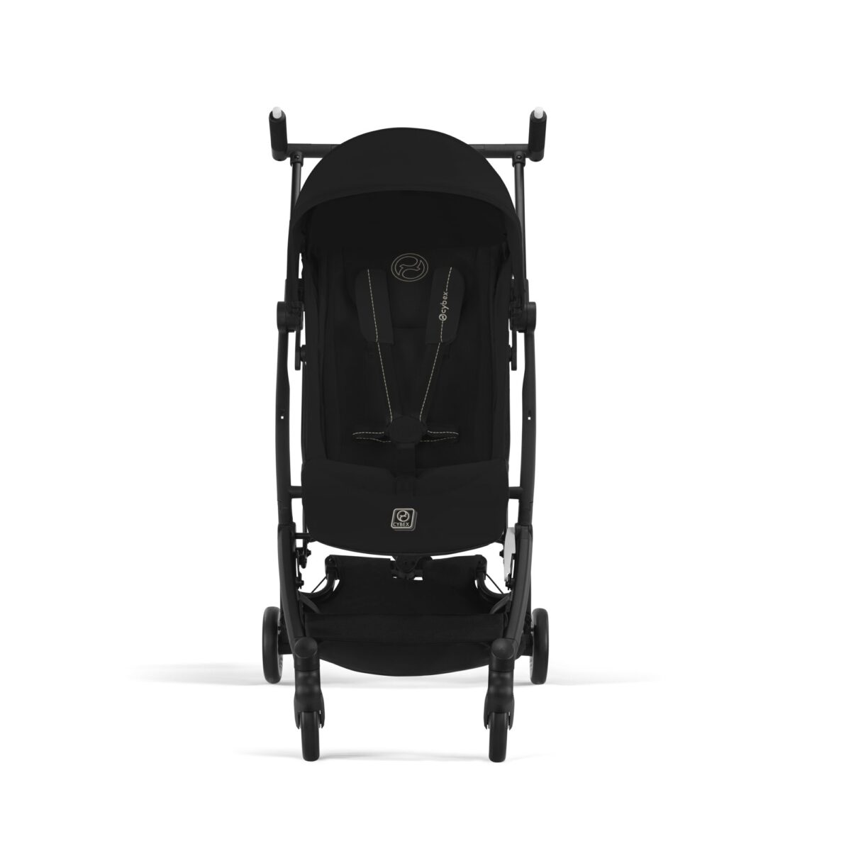 Front view of Cybex Libelle Compact Stroller in Magic Black with padded seat and five-point harness.