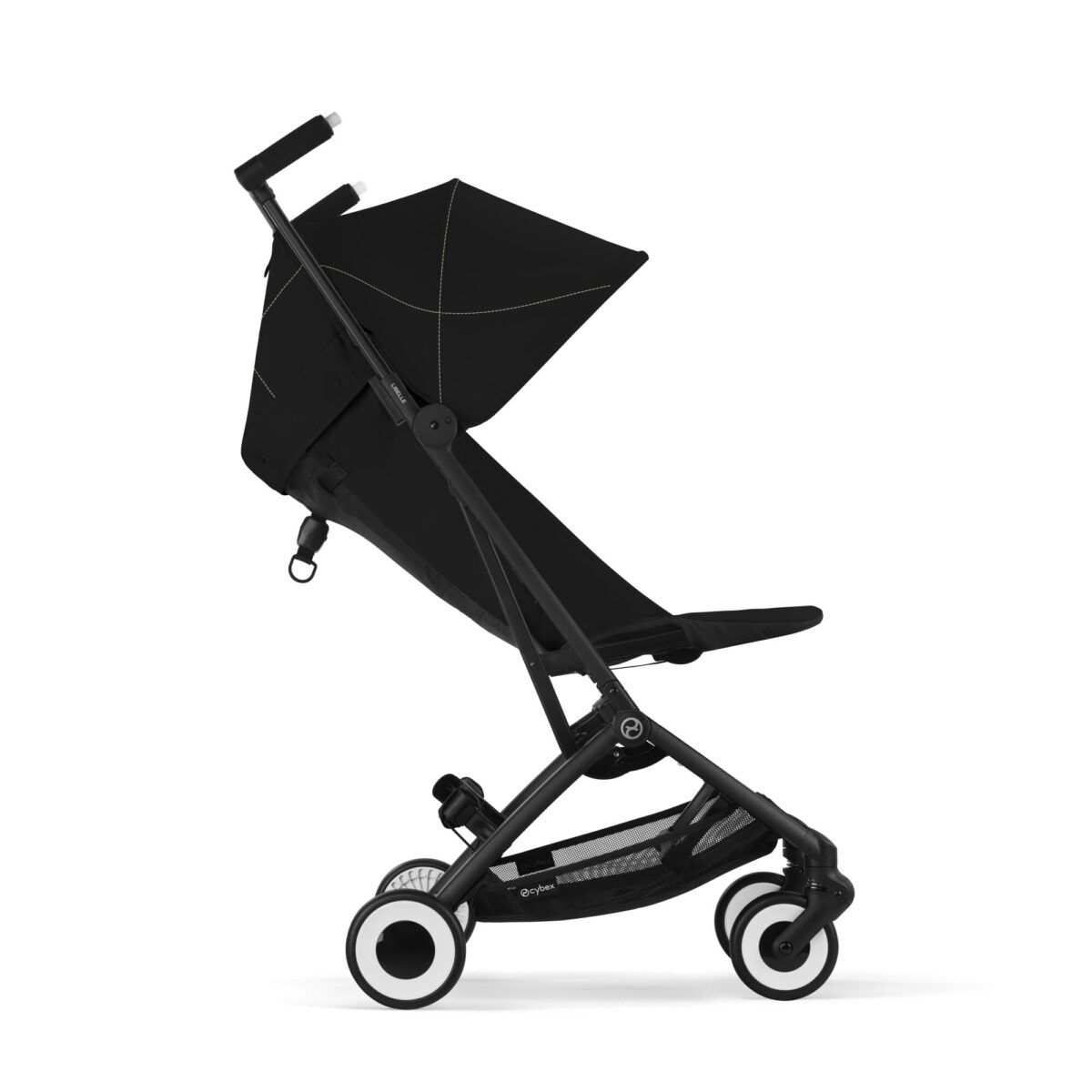 Cybex Libelle stroller side view in upright position with canopy extended and compact frame.
