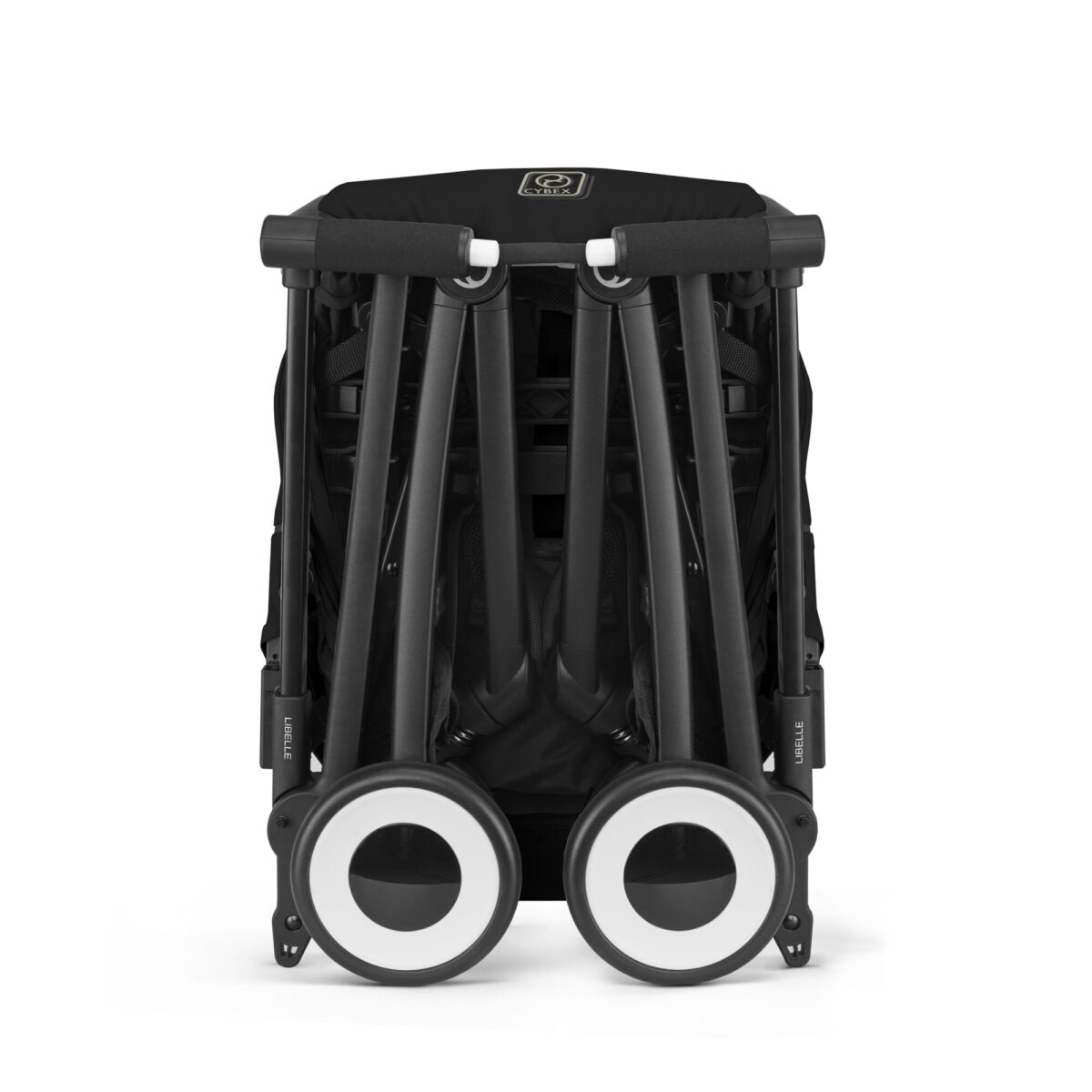 Folded Cybex Libelle Compact Stroller in Magic Black showing ultra-compact travel-friendly design.