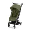Cybex Libelle stroller in Moss Green with canopy, harness, and lightweight frame in angled front view.