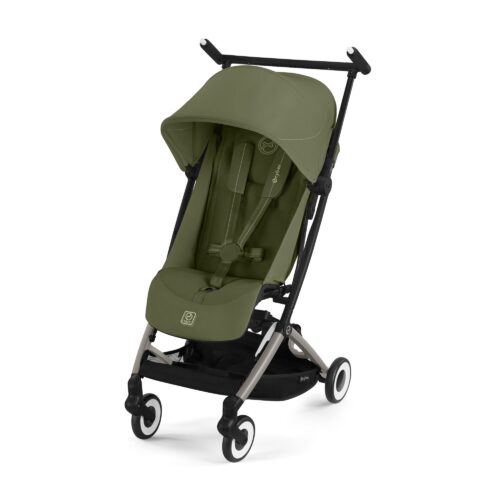 Cybex Libelle stroller in Moss Green with canopy, harness, and lightweight frame in angled front view.
