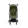 Front view of Cybex Libelle Compact Stroller in Moss Green with safety harness and padded seating.
