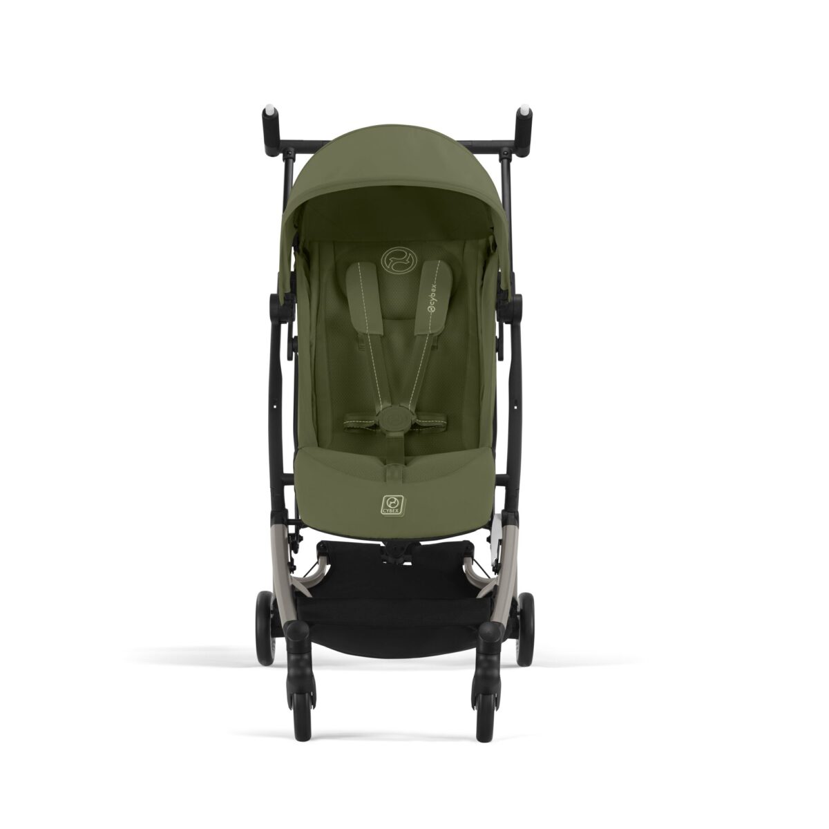 Front view of Cybex Libelle Compact Stroller in Moss Green with safety harness and padded seating.