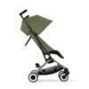 Side profile of Cybex Libelle Moss Green stroller reclined with extended canopy and smooth dual wheels.