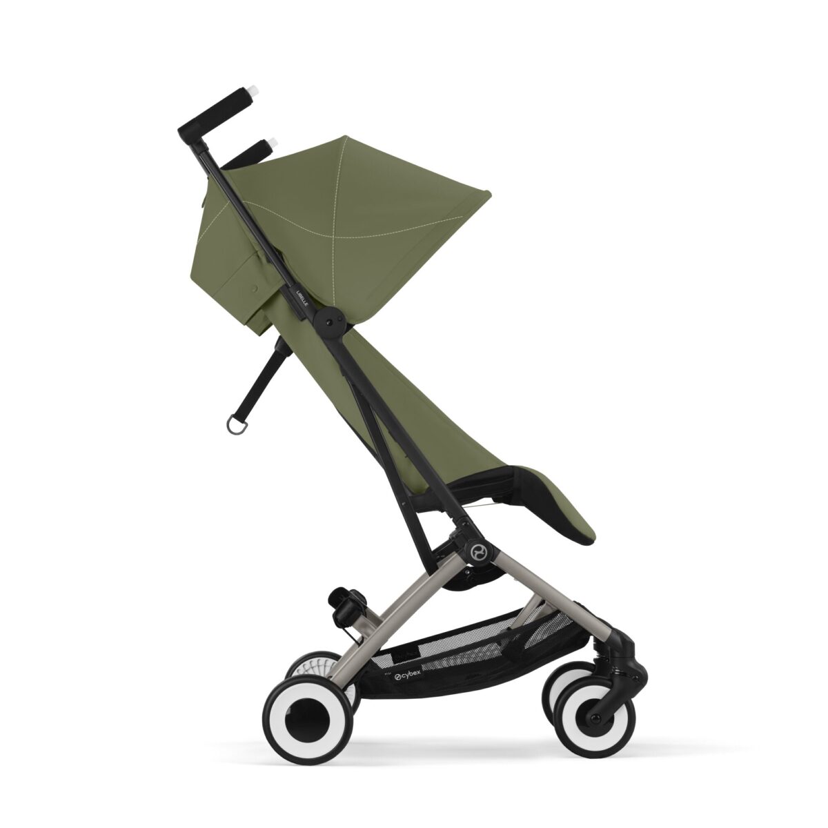 Side profile of Cybex Libelle Moss Green stroller reclined with extended canopy and smooth dual wheels.