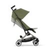Cybex Libelle stroller in Moss Green showing recline adjustment system and canopy extension.
