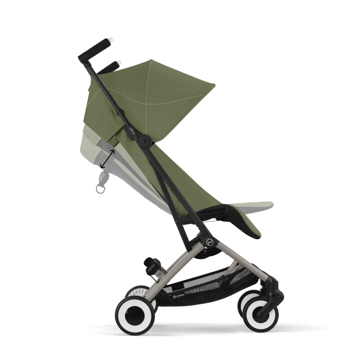 Cybex Libelle stroller in Moss Green showing recline adjustment system and canopy extension.