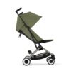 Cybex Libelle Compact Stroller in Moss Green side view with sun canopy and upright seat position.
