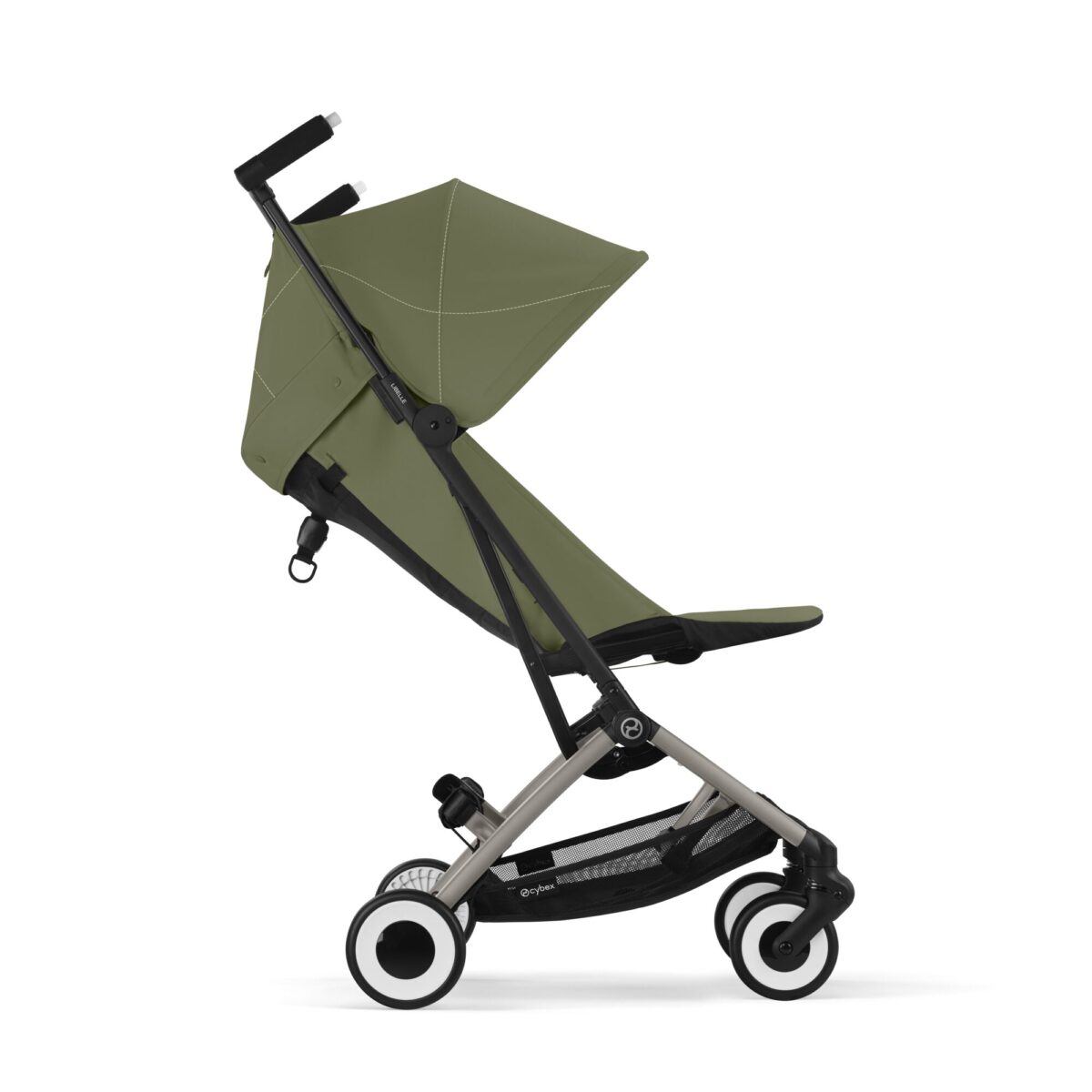 Cybex Libelle Compact Stroller in Moss Green side view with sun canopy and upright seat position.