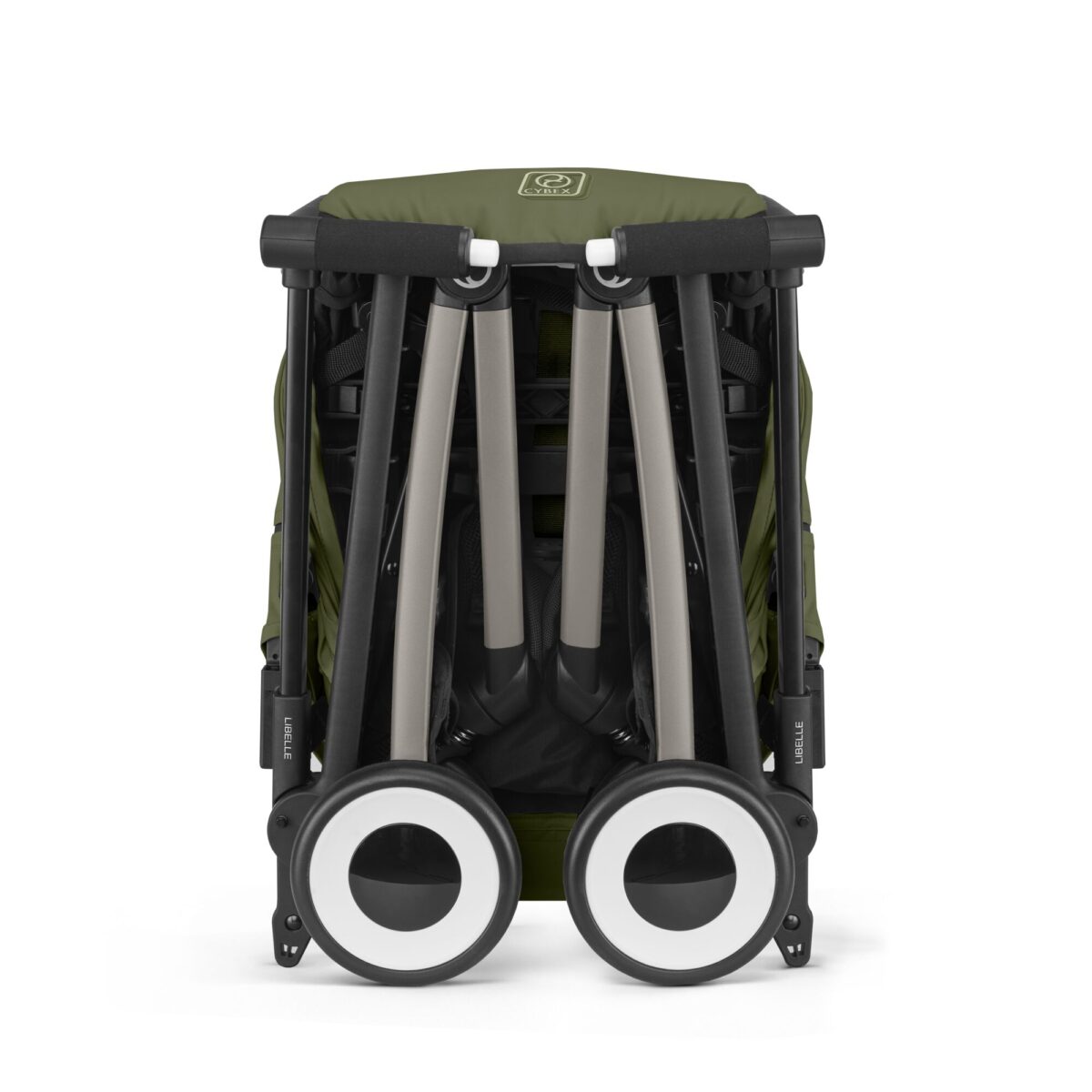 Folded Cybex Libelle stroller in Moss Green showing ultra-compact, travel-friendly design and sturdy frame.