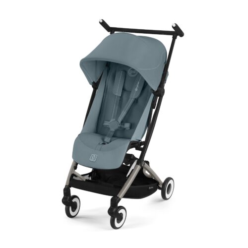 Cybex Libelle stroller in Stormy Blue shown angled with canopy, padded seat, and compact lightweight frame.