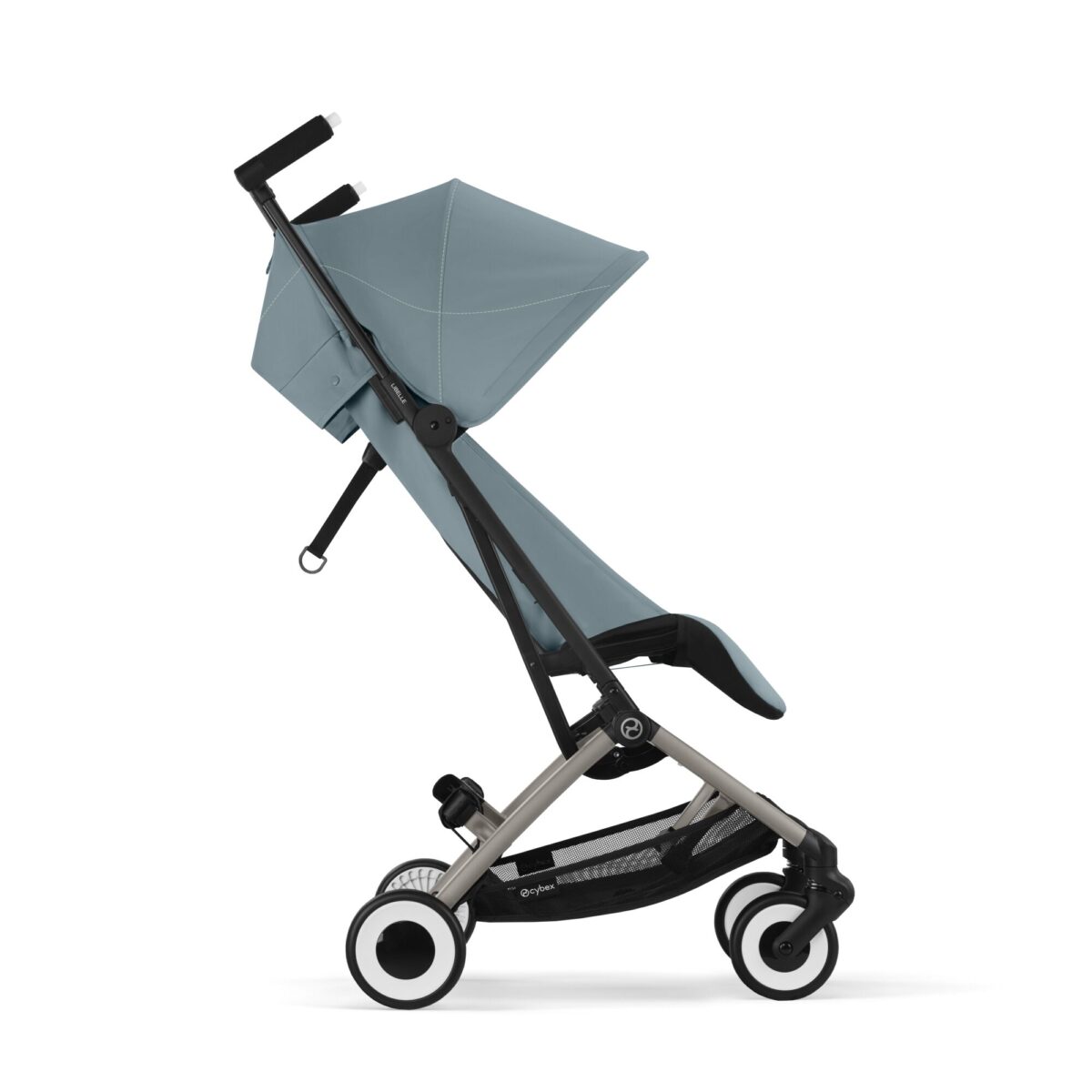 Side view of Cybex Libelle Compact Stroller in Stormy Blue with extended canopy and reclined seating.