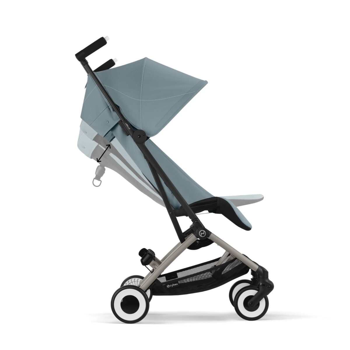 Cybex Libelle Stormy Blue stroller showing recline adjustment with sleek frame and sun canopy.